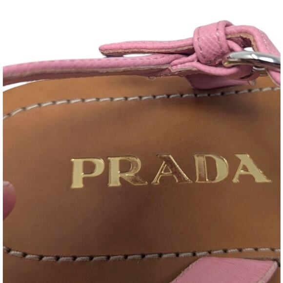 Prada Pink Leather Sandals with Printed Scarf Tie Size 38.5 Designer Flat Thong - Picture 9 of 9